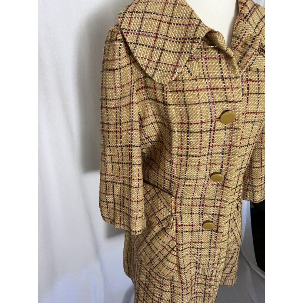 Tulle Pea Coat Jacket Yellow plaid  Tweed wool blend 3/4 Sleeve large